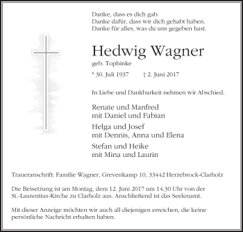 Traueranzeige von Hedwig Wagner von Die Glocke