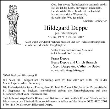 Traueranzeige von Hildegard Deppe von Die Glocke