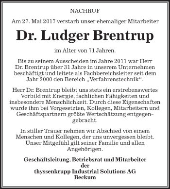 Traueranzeige von Ludger Brentrup von Die Glocke