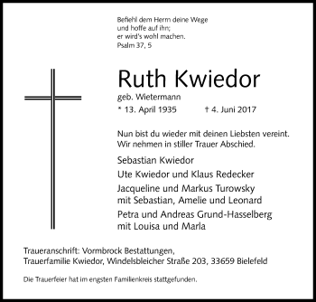 Traueranzeige von Ruth Kwiedor von Die Glocke