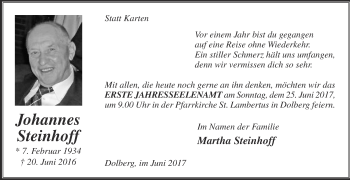 Traueranzeige von Johannes Steinhoff von Die Glocke