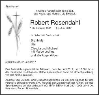 Traueranzeige von Robert Rosendahl von Die Glocke