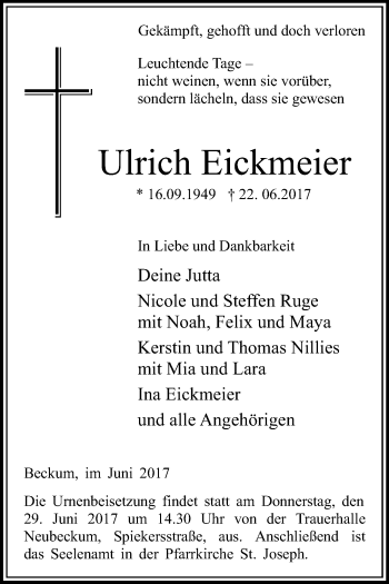 Traueranzeige von Ulrich Eickmeier von Die Glocke