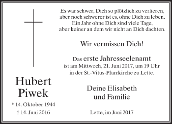 Traueranzeige von Hubert Piwek von Die Glocke