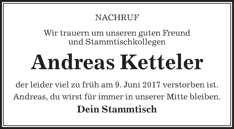  Traueranzeige für Andreas Ketteler vom 17.06.2017 aus Die Glocke