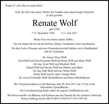 Traueranzeige von Renate Wolf von Die Glocke