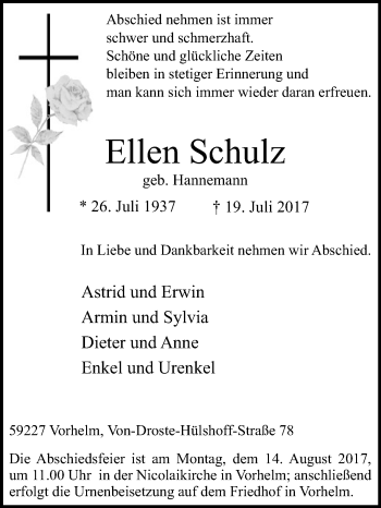 Traueranzeige von Ellen Schulz von Die Glocke