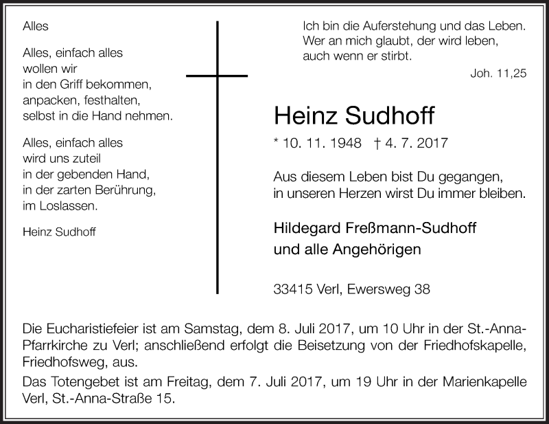  Traueranzeige für Heinz Sudhoff vom 05.07.2017 aus Die Glocke