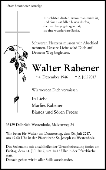 Traueranzeige von Walter Rabener von Die Glocke