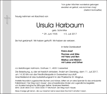 Traueranzeige von Ursula Harbaum von Die Glocke