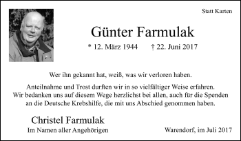 Traueranzeige von Günter Farmulak von Die Glocke