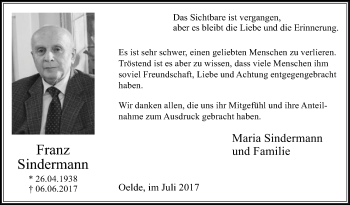 Traueranzeige von Franz Sindermann von Die Glocke