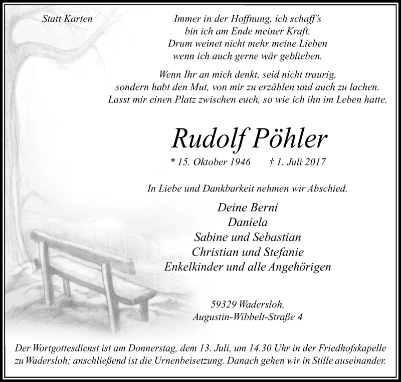 Traueranzeige für Rudolf Pöhler vom 08.07.2017 aus Die Glocke