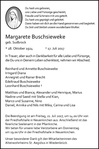 Traueranzeige von Margarete Buschsieweke von Die Glocke