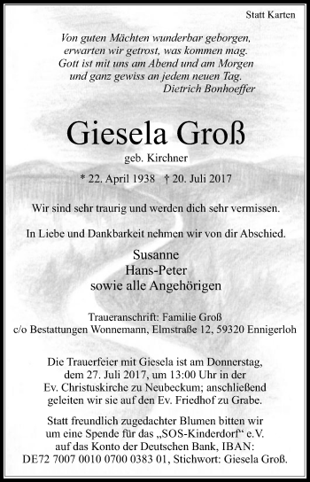 Traueranzeige von Giesela Groß von Die Glocke