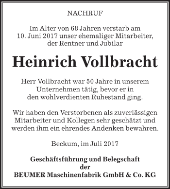 Traueranzeige von Heinrich Vollbracht von Die Glocke