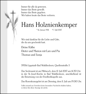 Traueranzeige von Hans Holznienkemper von Die Glocke