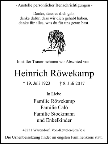 Traueranzeige von Heinrich Röwekamp von Die Glocke
