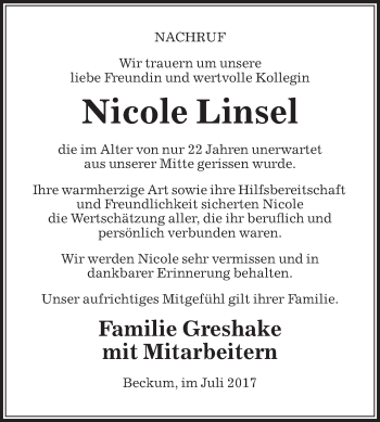 Traueranzeige von Nicole Linse von Die Glocke