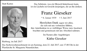 Traueranzeige von Franz Gieseker von Die Glocke