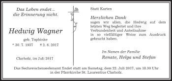 Traueranzeige von Hedwig Wagner von Die Glocke