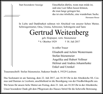 Traueranzeige von Gertrud Weitenberg von Die Glocke
