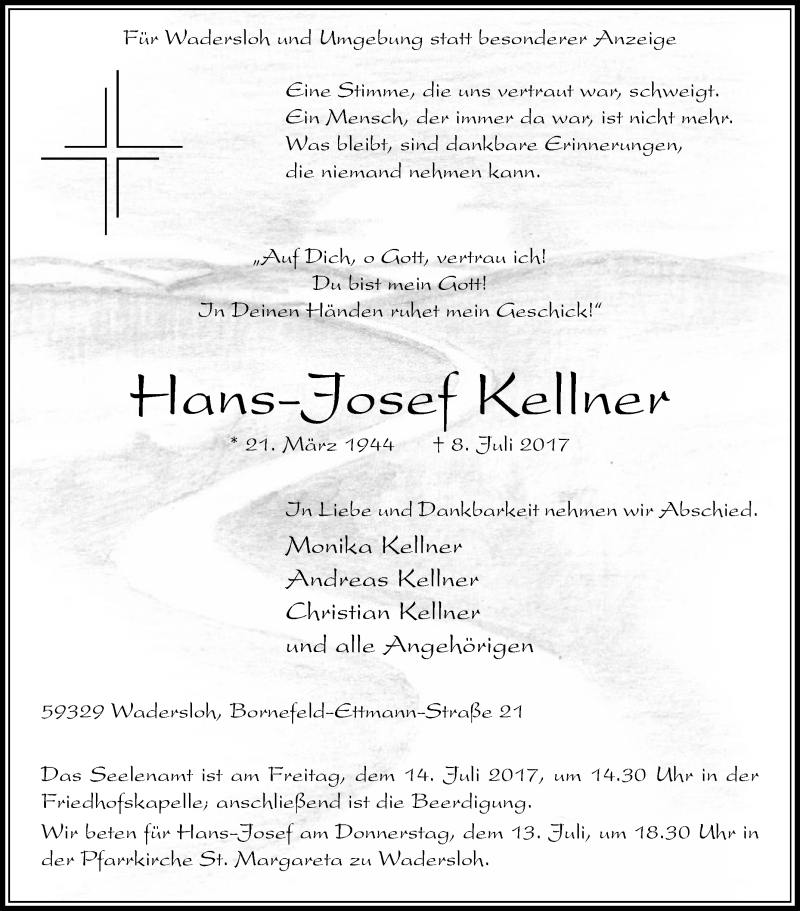  Traueranzeige für Hans-Josef Kellner vom 11.07.2017 aus Die Glocke