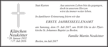 Traueranzeige von Klärchen Neukötter von Die Glocke