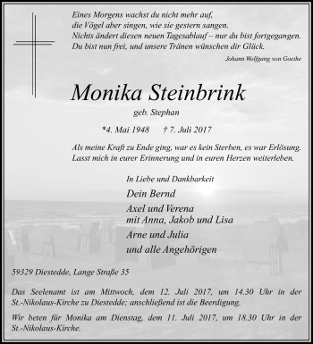 Traueranzeige von Monika Steinbrink von Die Glocke