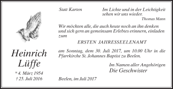 Traueranzeige von Heinrich Lüffe von Die Glocke
