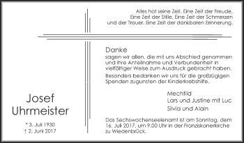Traueranzeige von Josef Uhrmeister von Die Glocke