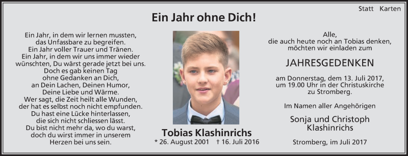  Traueranzeige für Tobias Klashinrichs vom 08.07.2017 aus Die Glocke