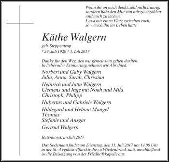 Traueranzeige von Käthe Walgern von Die Glocke