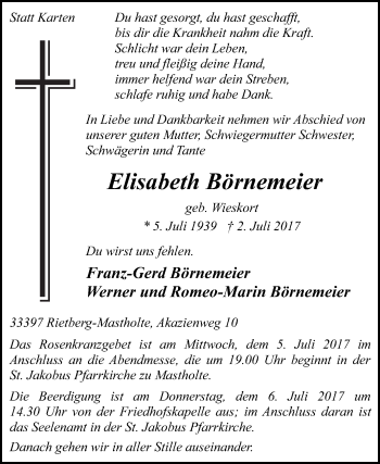 Traueranzeige von Elisabeth Börnemeier von Die Glocke