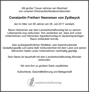 Traueranzeige von Constantin Freiherr Heereman von Zydtwyck von Die Glocke