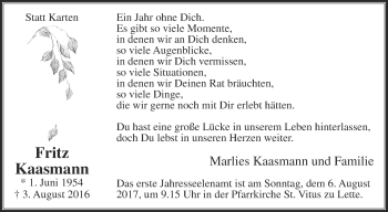 Traueranzeige von Fritz Kaasmann von Die Glocke