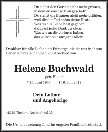 Traueranzeige von Helene Buchwald von Die Glocke