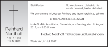 Traueranzeige von Reinhard Nordhoff von Die Glocke