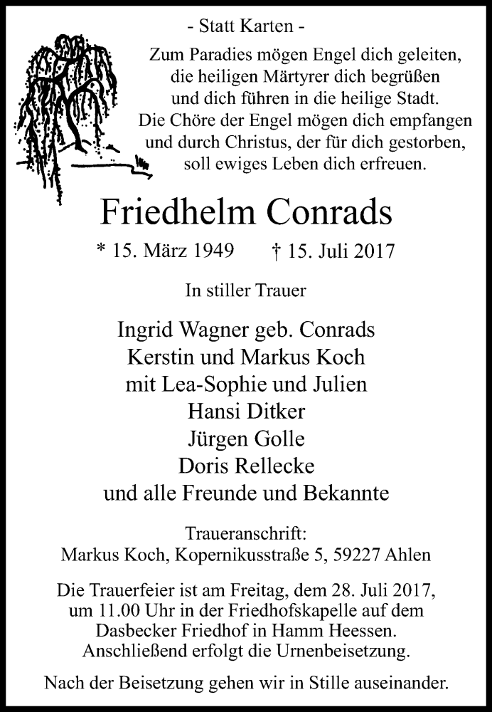  Traueranzeige für Friedhelm Conrads vom 25.07.2017 aus Die Glocke
