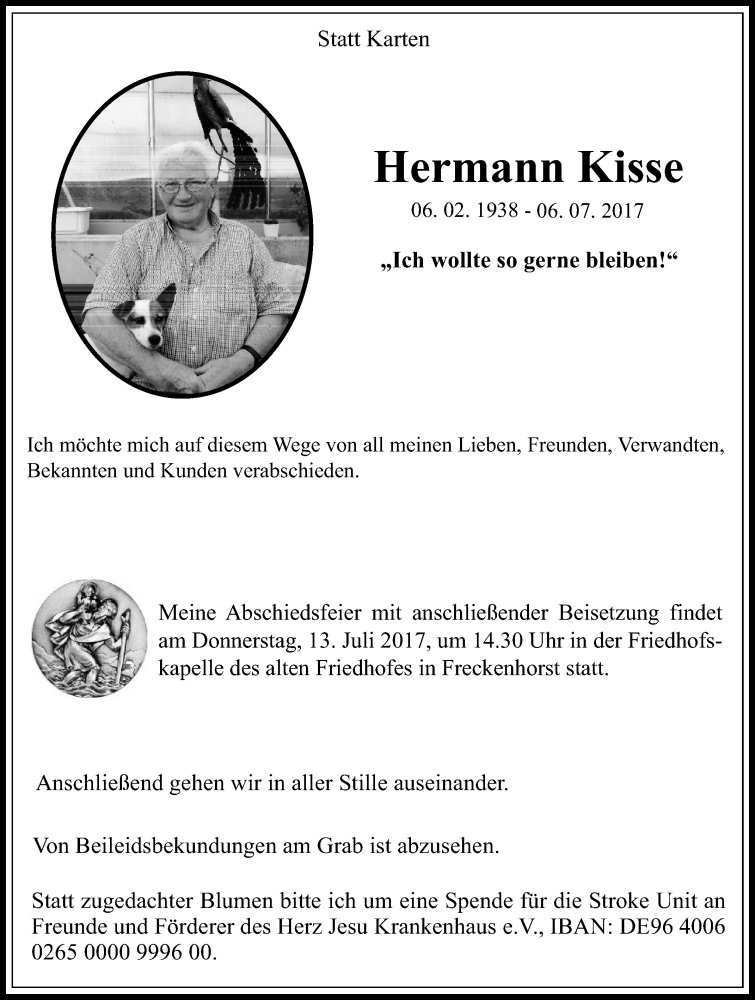  Traueranzeige für Hermann Kisse vom 11.07.2017 aus Die Glocke
