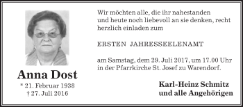 Traueranzeige von Anna Dost von Die Glocke