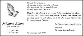 Traueranzeige von Johanna Blome von Die Glocke