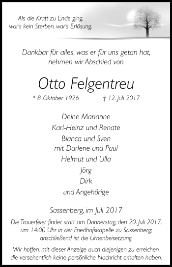 Traueranzeige von Otto Felgentreu von Die Glocke