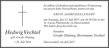 Traueranzeige von Hedwig Vechtel von Die Glocke