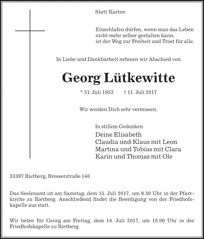  Traueranzeige für Georg Lütkewitte vom 13.07.2017 aus Die Glocke