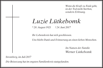 Traueranzeige von Luzie Lütkebomk von Die Glocke