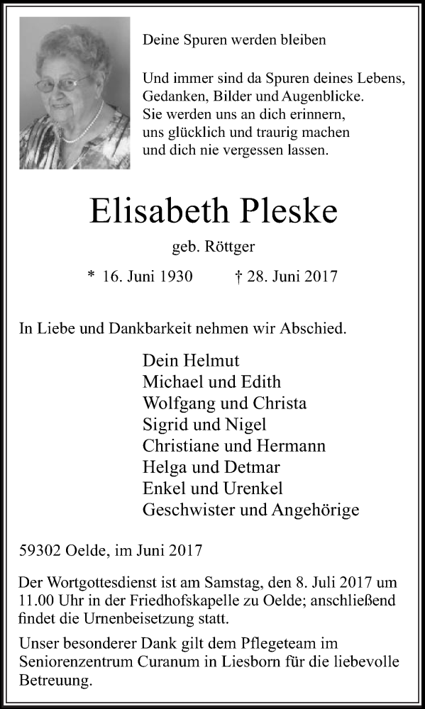  Traueranzeige für Elisabeth Pleske vom 01.07.2017 aus Die Glocke