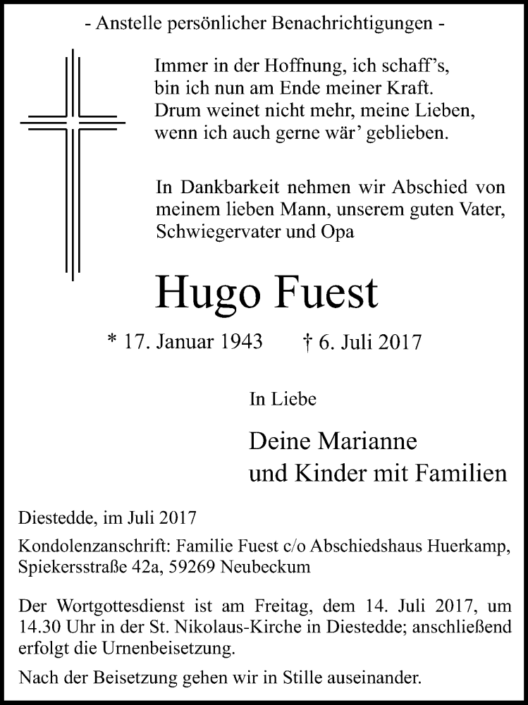  Traueranzeige für Hugo Fuest vom 11.07.2017 aus Die Glocke