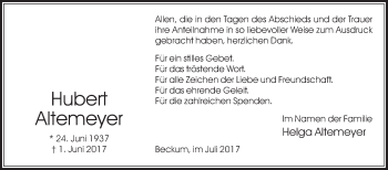 Traueranzeige von Hubert Altemeyer von Die Glocke