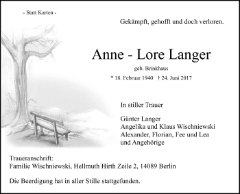 Traueranzeige von Anne-Lore Langer von Die Glocke